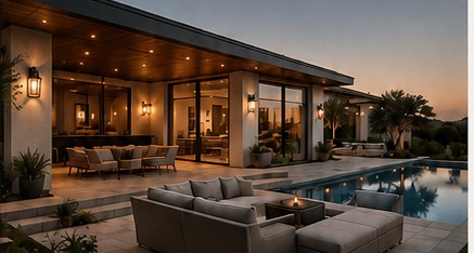 Newport Coast custom home — covered patio with pool at dusk, built by Plotz Precision Builders